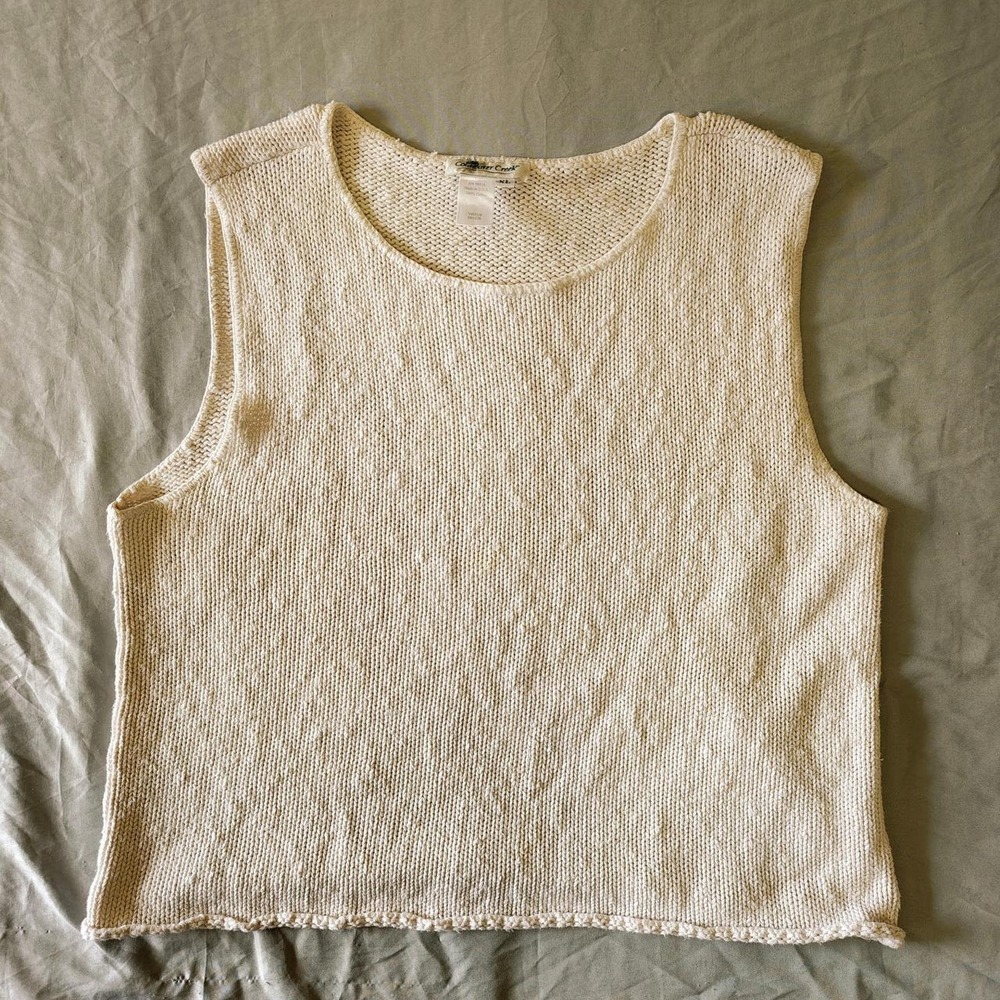 Vintage Coldwater Creek Cream Cotton Knit Sweater Vest Size XL Made in USA Boho